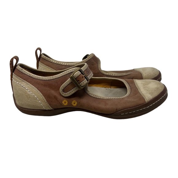 Ecco Stitch Leather Buckle Flat Shoes Embroidered Flower Padded Comfy Womens 38 - Picture 1 of 13